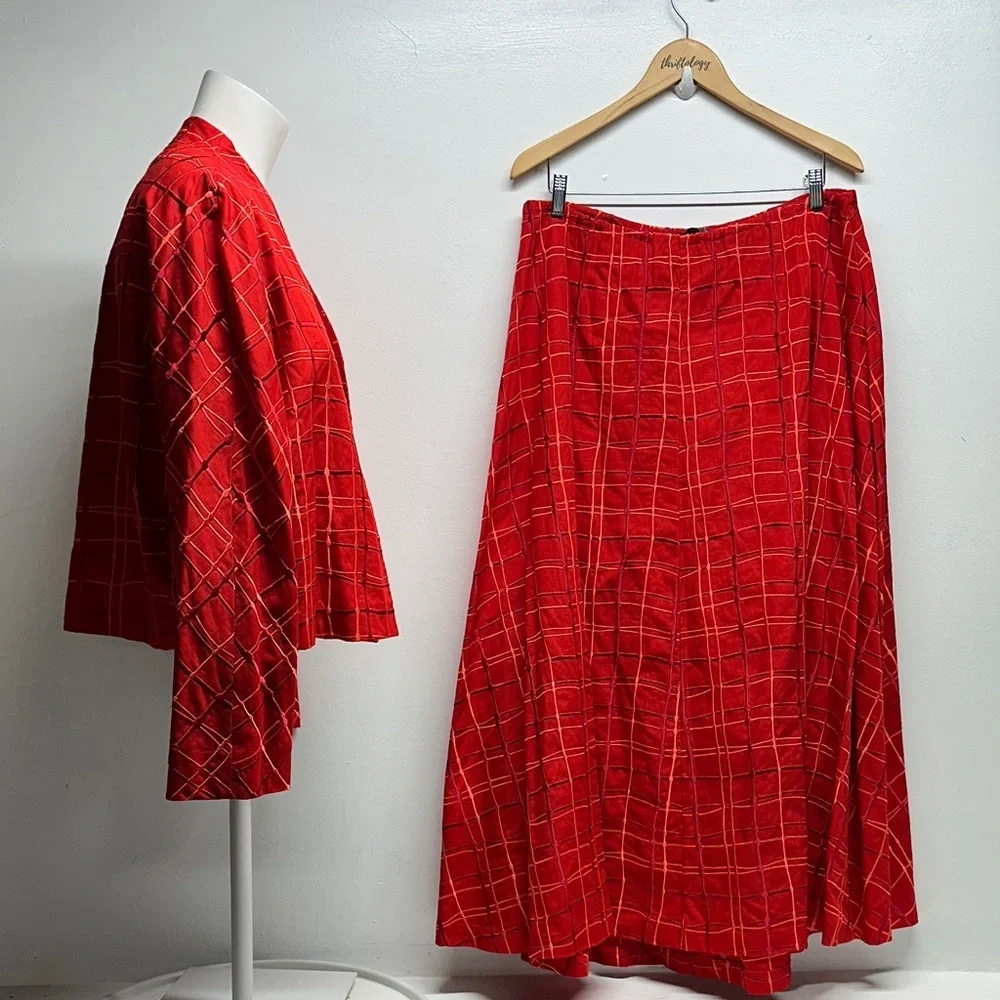 Bottega Veneta Suit Set Blazer Jacket Matching Maxi Skirt Cotton Red Plaid US 12